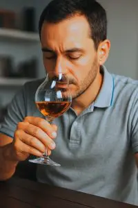 Homme en train de sentir un verre à whisky tulipe rempli, tenu à la main.