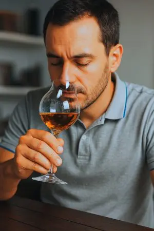 Homme en train de sentir un verre à whisky tulipe rempli, tenu à la main.
