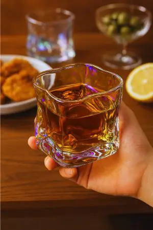 Verre à whisky chromé tenu en main avec whisky