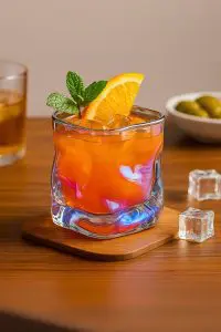 Verre à whisky original design chromé avec cocktail orange et décoration menthe