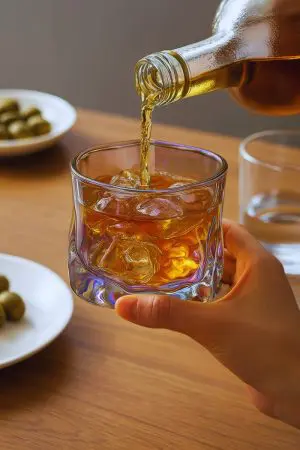 Verre à whisky chromé en cours de remplissage sur table