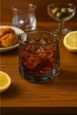 verre à whisky design gris fumé rempli de whisky avec glaçons sur table en bois