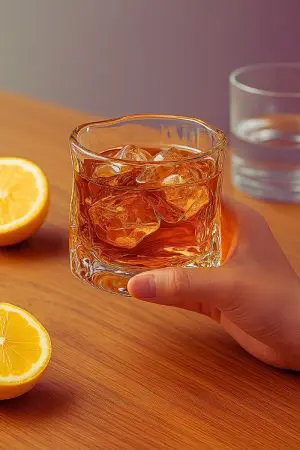 verre à whisky transparent tenu en main avec glaçons et whisky sur fond en bois