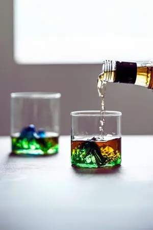 Verre à whisky japonais vert sur table, en cours de remplissage avec bouteille de whisky