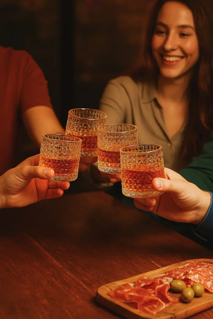 Quatre verres à whisky tumbler levés pour un toast sur table en bois