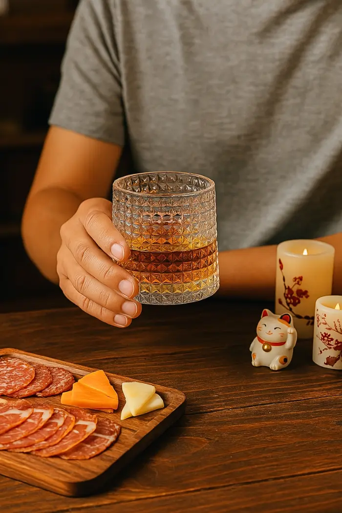 Verre à whisky tumbler tenu à la main devant assiette de charcuterie