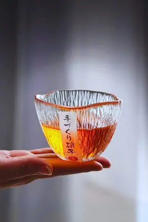 verre à whisky japonais ovale tenu dans la main devant une fenêtre