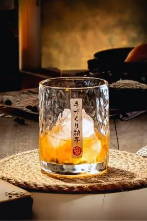 verre à whisky japonais rond en cristal, avec glaçon, posé sur table en bois