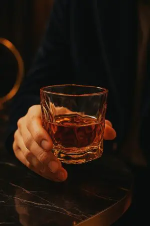 Verre à whisky tumbler ambre tenu en main sur une table sombre.