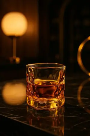 Verre à whisky tumbler ambre posé sur table en marbre sombre, rempli.