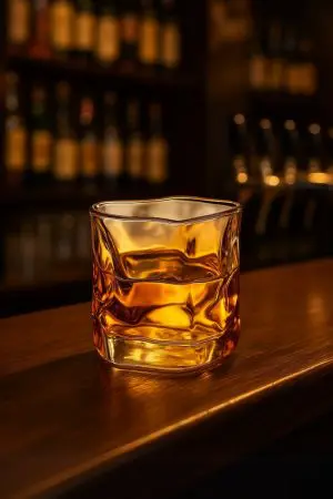 Verre à whisky tumbler ambre rempli posé sur comptoir en bois.