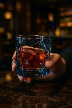 verre à whisky tumbler bleu glacier rempli de whisky tenu à la main