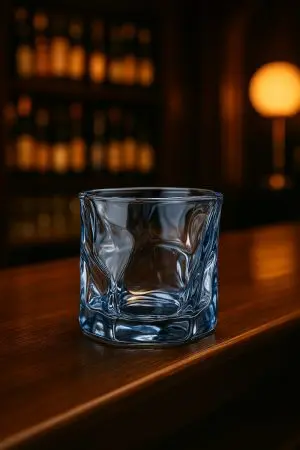 Le verre bleu glacier de type tumbler est posé sur une table blanche. Il est rempli d’un liquide transparent qui ressemble à de l’eau. En arrière-plan, plusieurs autres verres similaires avec différentes boissons et garnitures (citrons, menthe, etc.) sont visibles. L’ambiance est lumineuse, capturée en lumière naturelle.
