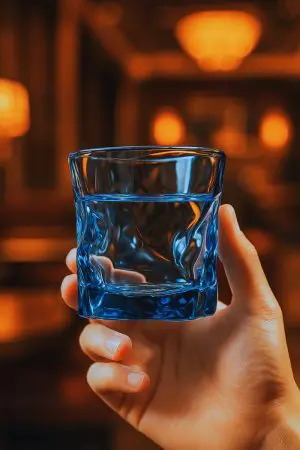 verre à whisky tumbler bleu glacier vide tenu dans une main