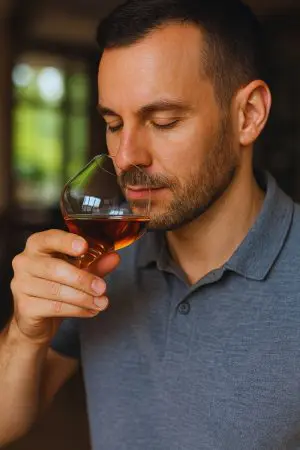 verre à whisky snifter tenu par un homme en train de sentir le contenu