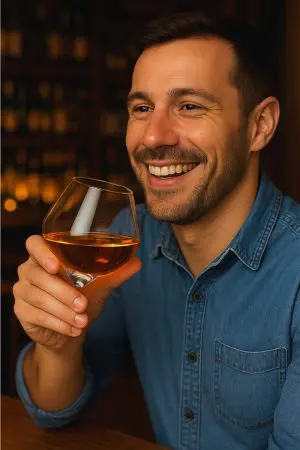 verre à whisky snifter transparent tenu par un homme souriant en intérieur