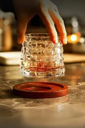 verre à whisky tumbler en verre transparent soulevé au-dessus d’un socle en bois
