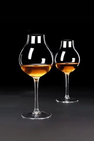 Détail du verre tulipe pour spiritueux, soulignant sa base stable et son col resserré.