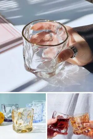 Verre à whisky en cristal teinté tenu en main – Design ondulé et ergonomique.