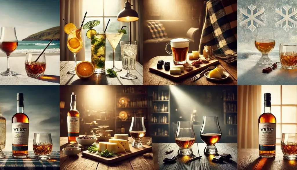 quatre ambiances saisonnières avec différents types de whiskies et leurs accords : été, cocktail, hiver et plateau fromager