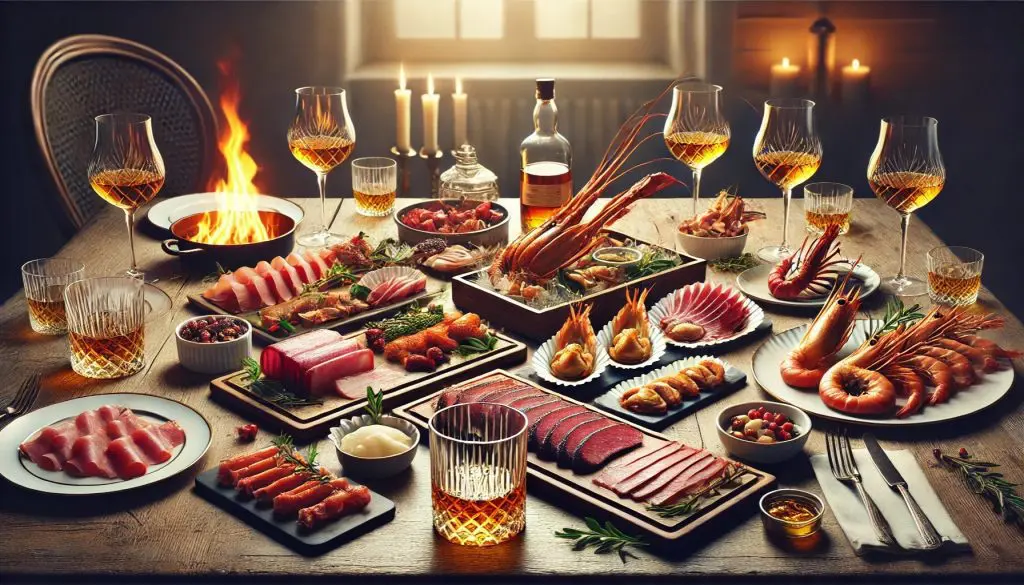 table élégante dressée avec crustacés, poissons fumés, et verres de whisky pour un repas gourmet