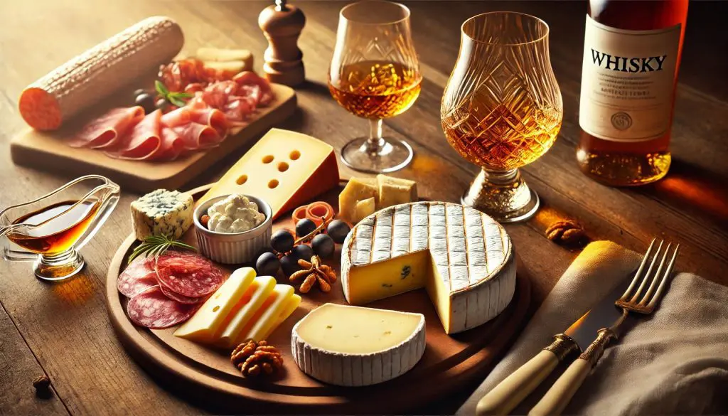 plateau de fromages et charcuteries avec verres de whisky sur table en bois, ambiance apéritif chic