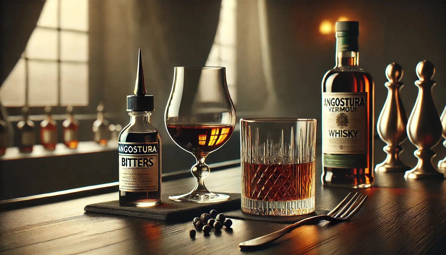 bouteille d’Angostura bitters, verre de whisky et bouteille de vermouth doux posés sur un bar en bois sombre