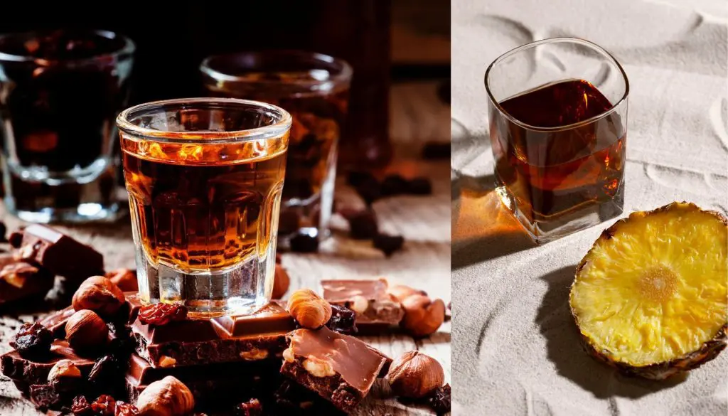 verre de whisky entouré de chocolat au lait, noisettes, raisins secs et fruits à coque