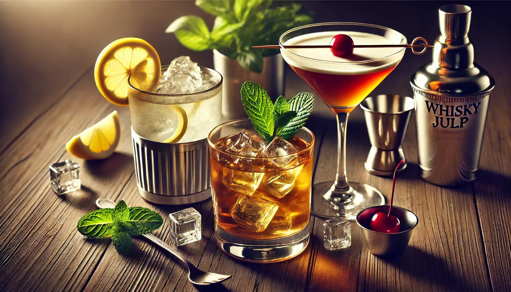 trois cocktails au whisky : Whisky Sour au citron, Mint Julep à la menthe, Manhattan à la cerise sur table en bois