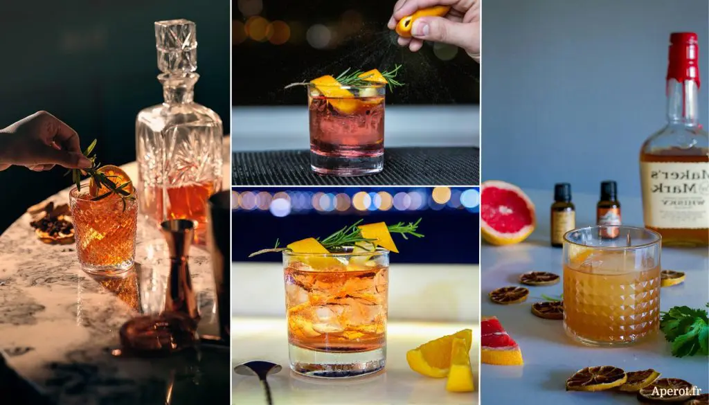cocktails au whisky décorés de zestes et agrumes frais, ambiance bar et présentation raffinée