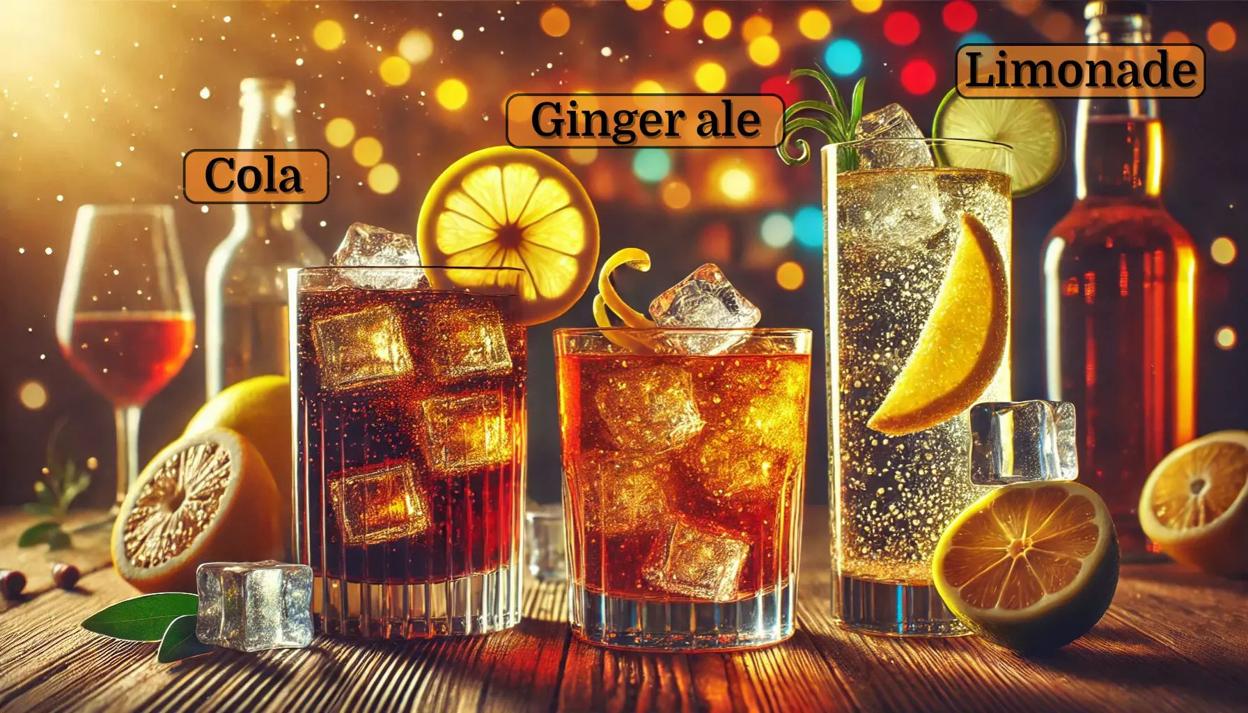 trois verres de whisky mélangés à du cola, ginger ale et limonade avec glaçons et agrumes, ambiance festive