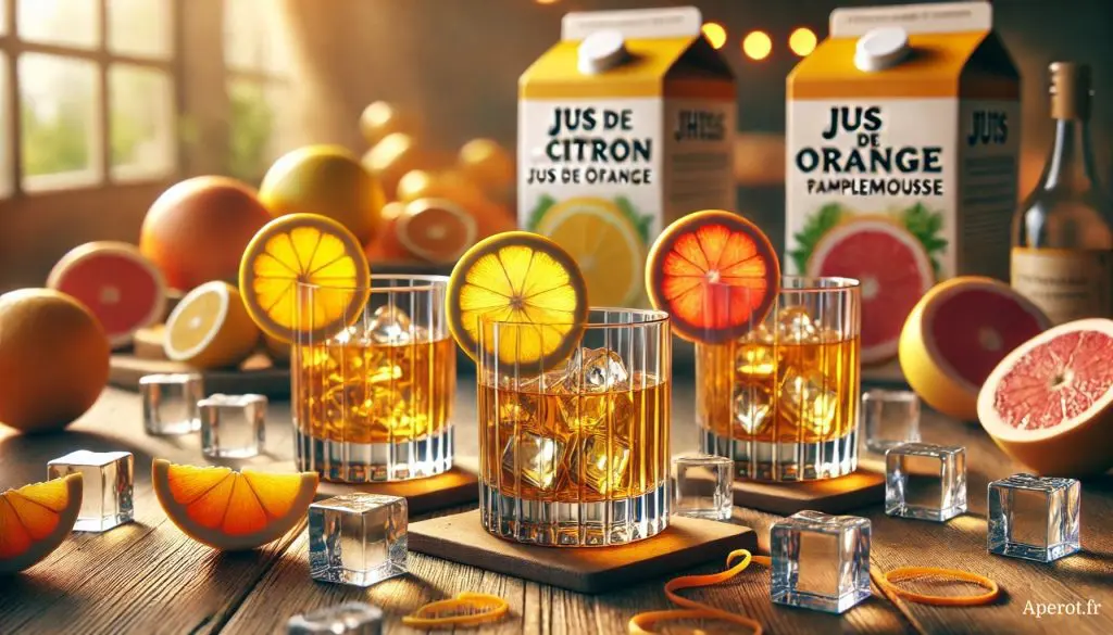 verres de whisky avec glaçons, tranches d’agrumes et briques de jus de citron, orange et pamplemousse