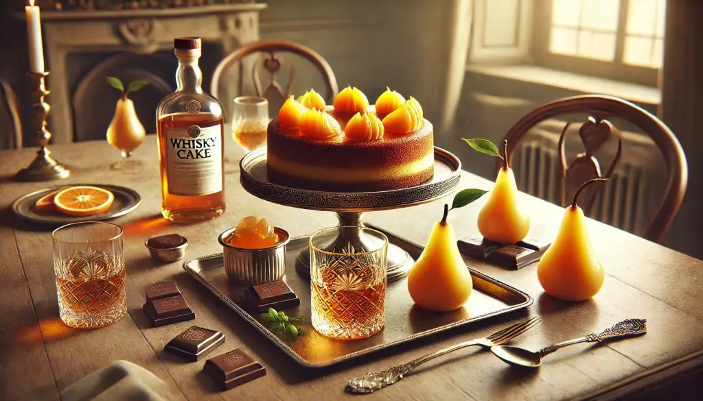 table rustique garnie de desserts au whisky : cake à la poire, bonbons au chocolat, fruits pochés et verres de whisky