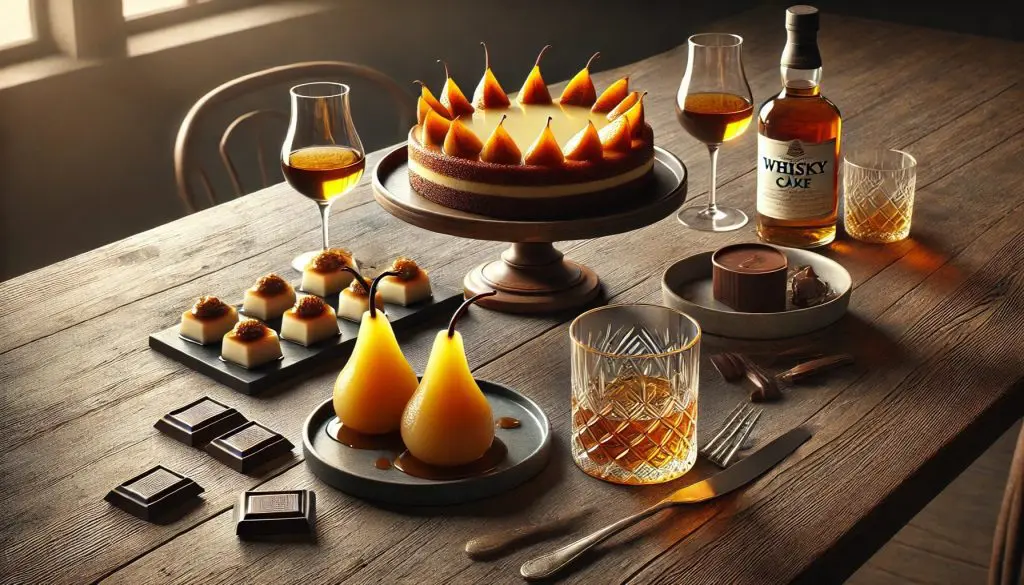 gâteau aux poires surmonté de fruits pochés, accompagné de whisky, chocolat noir et décor hivernal