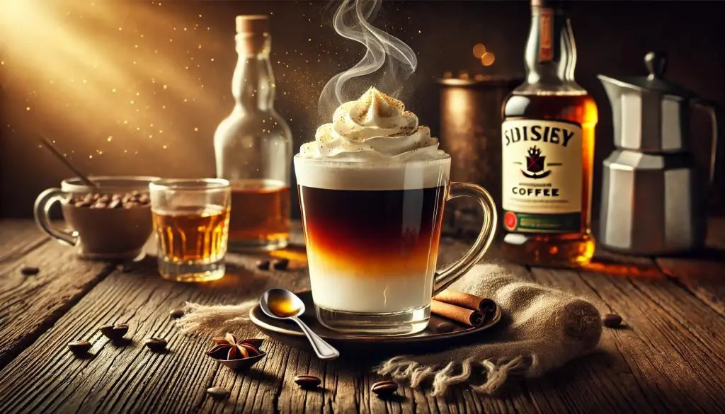 irish coffee fumant dans une tasse en verre, avec crème fouettée, posé sur table en bois dans ambiance cosy