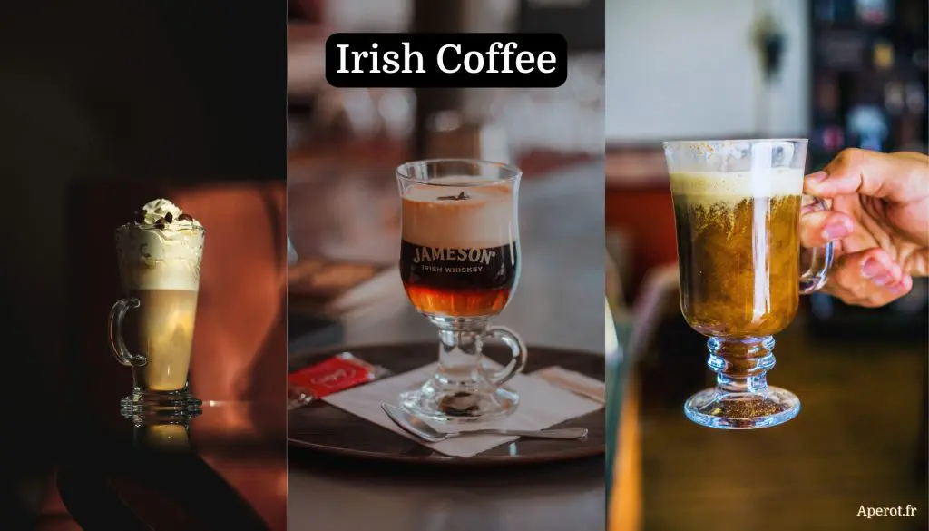 trois verres d’irish coffee dans des styles différents, crème fouettée et couches visibles, ambiance bar