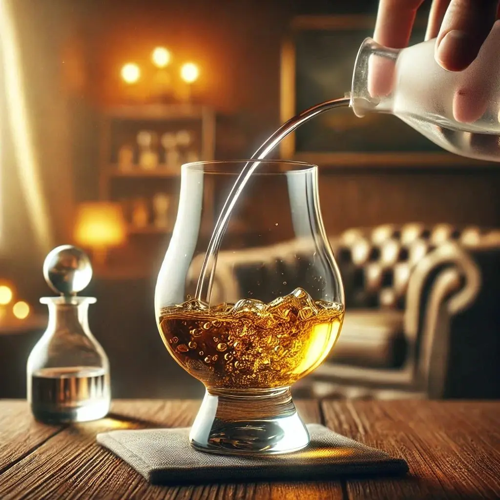 verre à whisky tulipe avec eau versée dans le whisky sur table en bois, ambiance chaleureuse