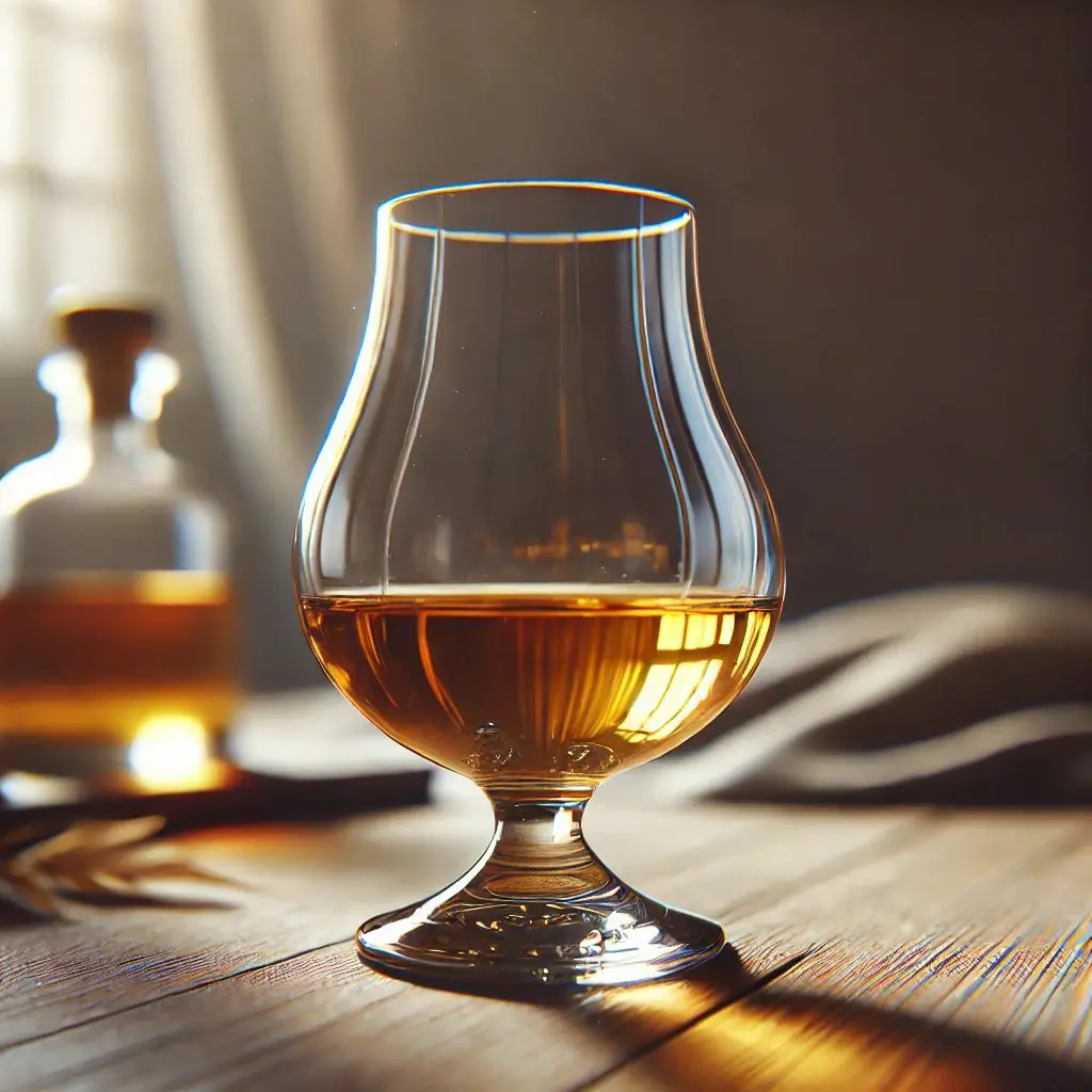 verre à whisky tulipe rempli de whisky pur, posé sur une table en bois, lumière naturelle