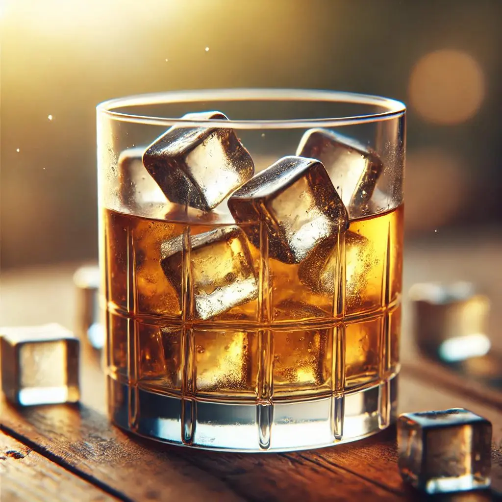 verre à whisky tumbler avec glaçons, rempli de whisky ambré, posé sur une table en bois