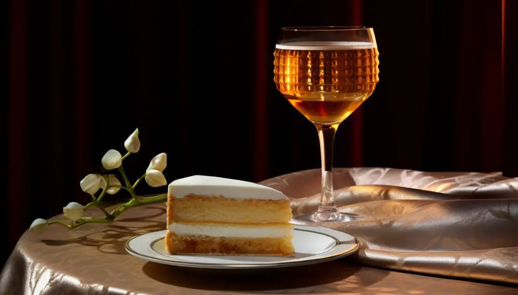verre à cocktail rempli de whisky doré avec part de gâteau à la crème sur nappe brillante et fleur blanche