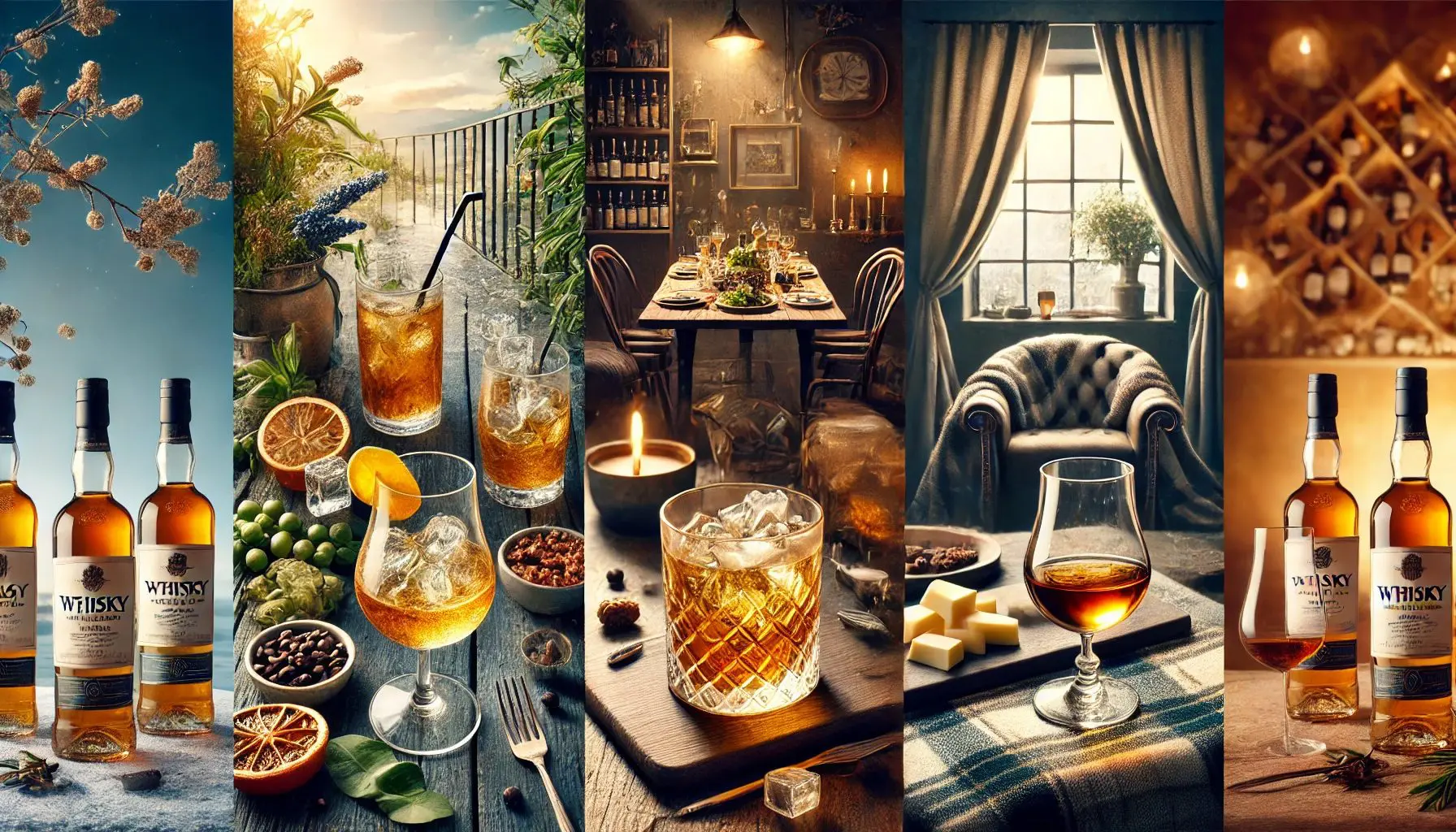scènes illustrant le whisky selon les saisons : cocktails d'été, dîner convivial, coin cosy en hiver et dégustation en cave