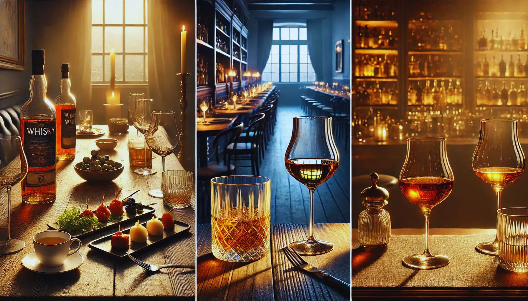 verre de whisky sur table en bois dans ambiance chaleureuse, lumière tamisée, moment de dégustation convivial