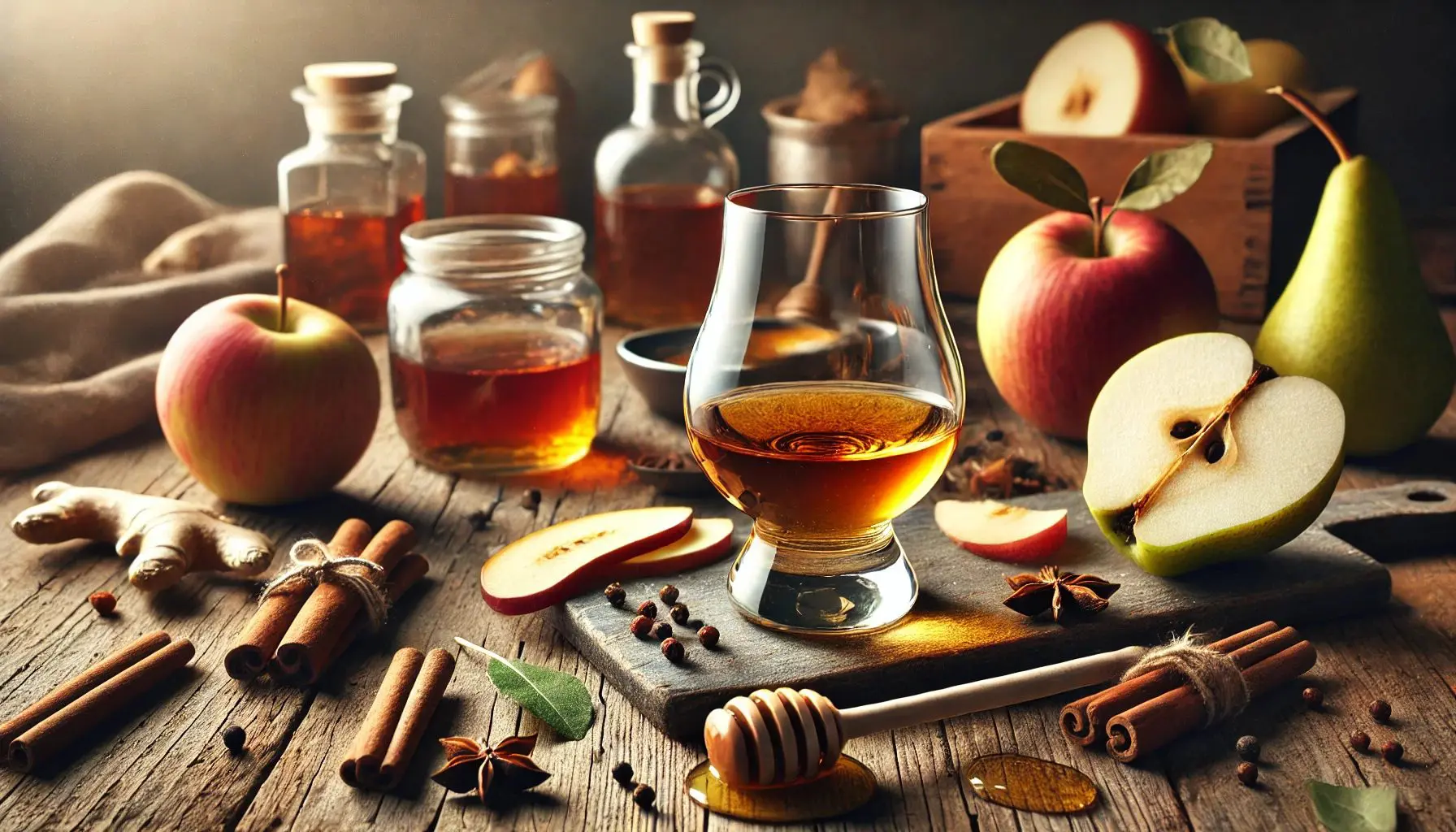 verre de whisky entouré d’ingrédients créatifs comme pomme, poire, miel, cannelle, gingembre et épices