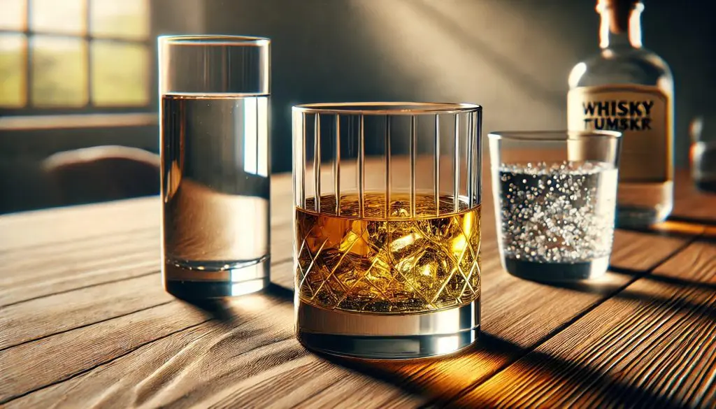 verre à whisky avec eau ajoutée, ambiance élégante, sur table en bois avec lumière douce