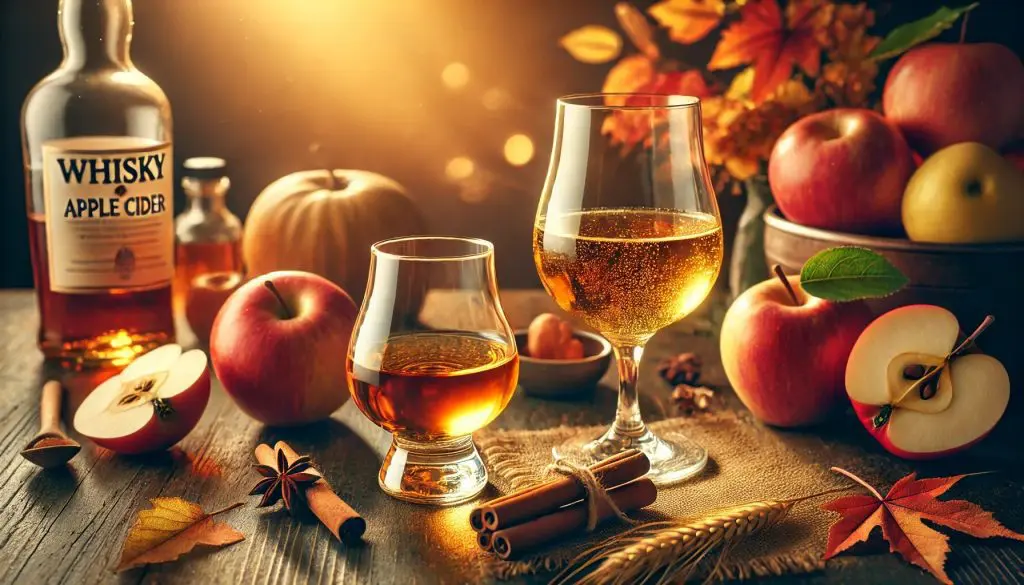 verres de whisky et cidre de pomme sur table en bois, entourés de pommes, épices et décor d’automne