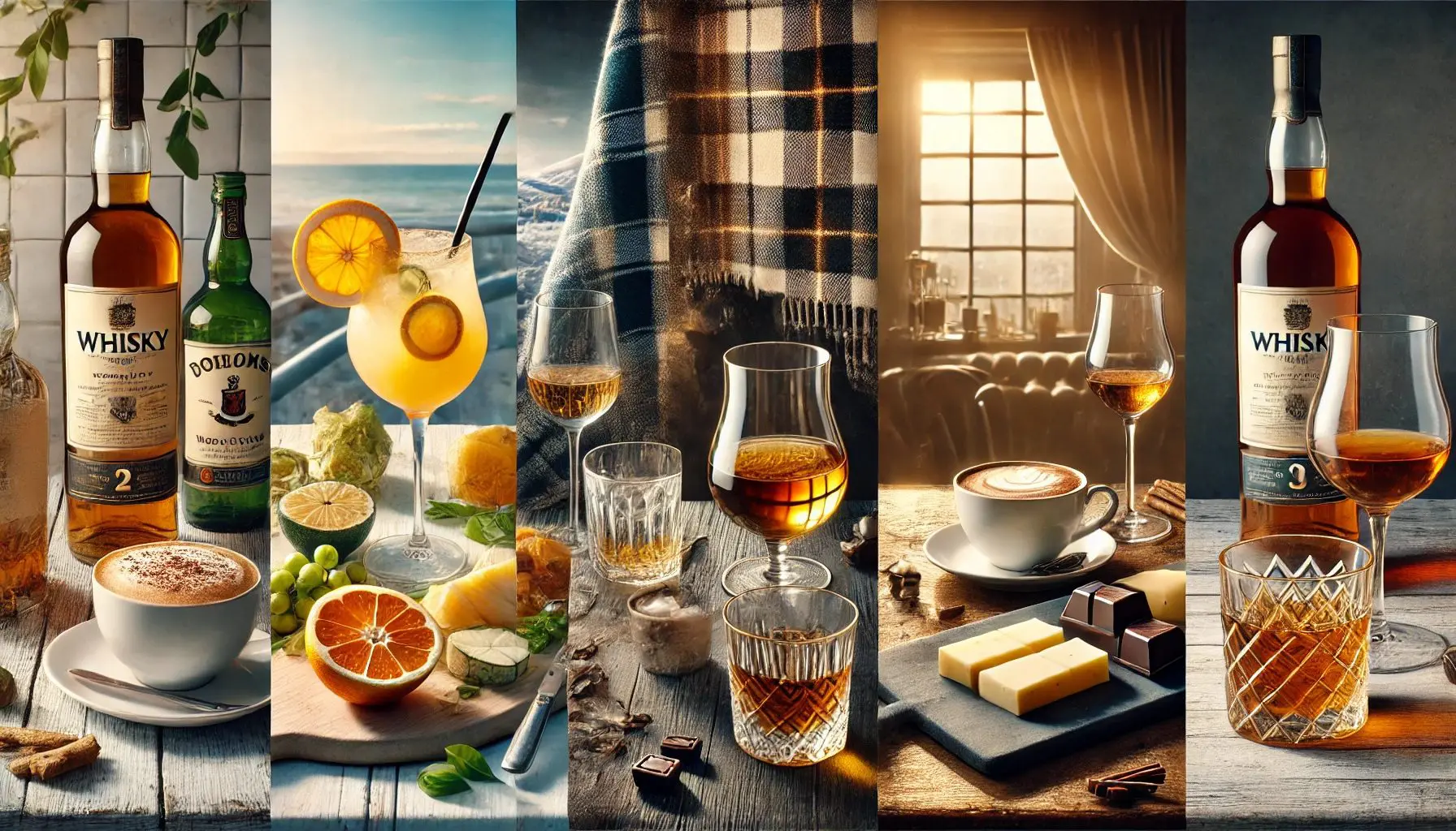 composition de whiskies avec verres, bouteilles, fromages, chocolat, café et fruits pour illustrer différents types d’accords
