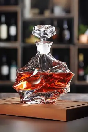 carafe à whisky cristal design géométrique remplie de boisson ambrée sur planche en bois
