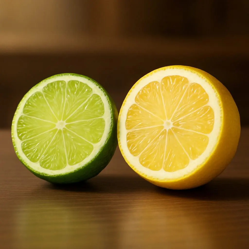 Moitié de citron vert et de citron jaune posées côte à côte sur une table en bois