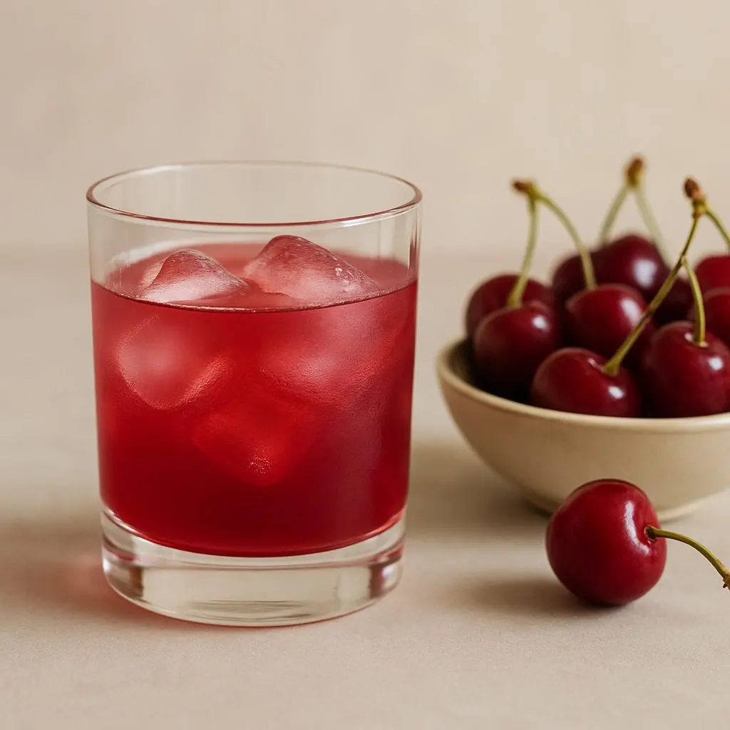 Verre de cocktail rouge au jus de cerise avec glaçons, accompagné d’un bol de cerises fraîches sur table beige.