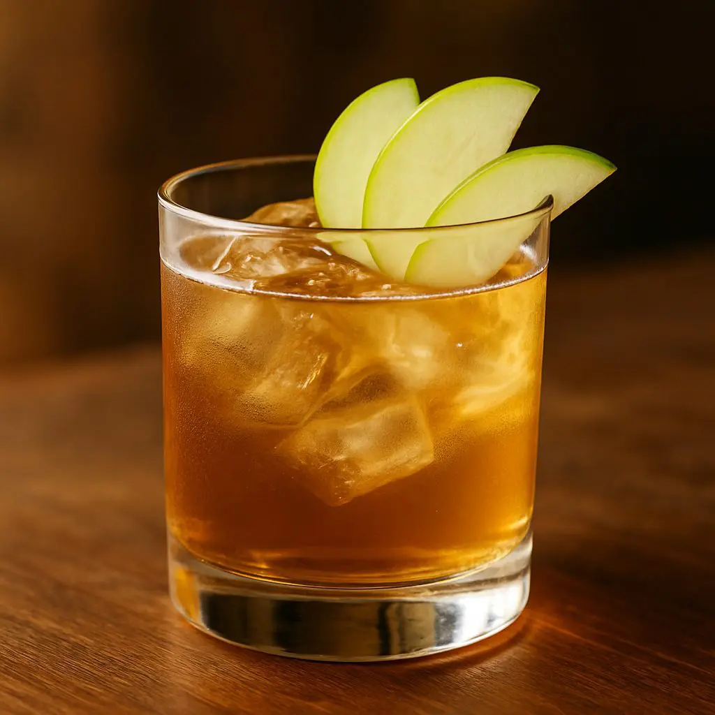 Cocktail au whisky et cidre de pomme avec glaçons et lamelles de pomme verte dans un verre tumbler.